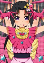 1boy absurdres bambi2000line black_hair closed_mouth cosplay crossdressing double_v dress gloves grid_background hair_ribbon heart highres hoshino_ai&#039;s_pose hoshino_ai_(oshi_no_ko) hoshino_ai_(oshi_no_ko)_(cosplay) houjou_tokiyuki_(nige_jouzu_no_wakagimi) idol long_hair looking_at_viewer male_focus nige_jouzu_no_wakagimi pink_dress pink_gloves pink_ribbon ponytail pose_imitation purple_eyes ribbon smile solo star_(symbol) tongue tongue_out triangle_hair_ornament v