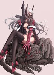 Rule 34 | 1girl, alternate hair color, angelique, breasts, fang, girls&#039; frontline, highres, long hair, m4 sopmod ii (girls&#039; frontline), mechanical arms, medium breasts, pink eyes, robot, silver hair, single mechanical arm, smile, solo, thighhighs, very long hair