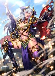 Rule 34 | 1girl, armor, armored boots, boots, breastplate, breasts, cape, cleavage, cloud, company name, day, dragon girl, gyakushuu no fantasica, horns, katagiri hachigou, long hair, monster girl, navel, official art, open mouth, pointy ears, red eyes, sky, solo, sword, tail, teeth, weapon, white hair