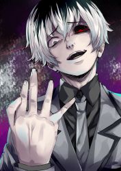 Rule 34 | 10s, 1boy, arios (orochi yuta), black hair, black sclera, coat, colored sclera, heterochromia, highres, mismatched sclera, multicolored hair, necktie, red eyes, sasaki haise, short hair, smile, tokyo ghoul, tokyo ghoul:re, trench coat, white hair