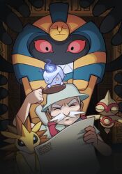 Rule 34 | 1boy, baltoy, candle, closed eyes, cofagrigus, creatures (company), facial hair, facing viewer, fire, game freak, gen 1 pokemon, gen 3 pokemon, gen 5 pokemon, hat, highres, holding, holding map, indoors, litwick, map, mateus upd, mustache, nintendo, old, old man, pokemon, pokemon (creature), pokemon oras, ruin maniac (pokemon), sandslash, short sleeves