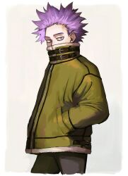 Rule 34 | 1boy, bags under eyes, belt, black belt, black pants, boku no hero academia, coat, covered mouth, cropped legs, fur-trimmed coat, fur trim, green coat, hand in pocket, highres, looking at viewer, male focus, pants, purple eyes, purple hair, rnuyvm, shinsou hitoshi, simple background, solo, spiked hair, white background