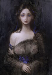 Rule 34 | 1girl, armlet, artist logo, artist name, black hair, blue eyes, chiaroscuro, dress, highres, lips, long hair, looking at viewer, nat the lich, nipples, original, own hands together, pandora acherona (nat the lich), see-through, single-shoulder dress, single bare shoulder, solo