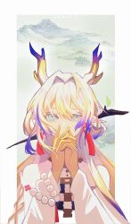 Rule 34 | 1girl, absurdres, arknights, bare shoulders, beads, blonde hair, border, chinese commentary, colored skin, commentary request, covered mouth, dragon girl, dragon horns, earrings, green eyes, hair between eyes, hair intakes, hands over own mouth, highres, horns, jewelry, long hair, long sleeves, looking at viewer, multicolored hair, necklace, off shoulder, outside border, pointy ears, procreate (medium), purple hair, purple horns, shu (arknights), solo, upper body, violet-jun-lc (chen yue), white border, white hair, white horns, yellow horns