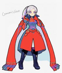 Rule 34 | 1girl, armor, black footwear, blue eyes, boots, commission, denaseey, dress, edelgard von hresvelg, english text, eyeshadow, fire emblem, fire emblem: three houses, full body, gloves, grey hair, highres, index finger raised, long hair, makeup, red dress, red gloves, simple background, solo, standing, white background