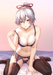 Rule 34 | 1girl, backlighting, black thighhighs, blue bra, blue panties, blurry, bra, breasts, cleavage, depth of field, fate/grand order, fate (series), garter belt, hair between eyes, hand up, highres, indoors, lace trim, lingerie, long hair, looking at viewer, looking to the side, mashuu (neko no oyashiro), medium breasts, navel, panties, parted lips, pink background, ponytail, red eyes, sidelocks, silver hair, sitting, skindentation, solo, stomach, strap slip, thighhighs, thighs, tomoe gozen (fate), tsurime, underwear, underwear only, wariza