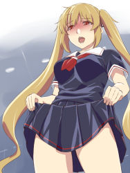 Rule 34 | 10s, 1girl, black serafuku, blonde hair, blush, brown eyes, clothes lift, from below, ishii hisao, kantai collection, long hair, looking at viewer, murasame (kancolle), open mouth, pleated skirt, school uniform, serafuku, skirt, skirt lift, solo, twintails