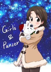 Rule 34 | 10s, 1girl, argyle, bandaid, black gloves, black pantyhose, boko (girls und panzer), brown coat, brown eyes, brown hair, casual, closed mouth, coat, commentary request, copyright name, cowboy shot, dress, girls und panzer, gloves, hat, holding, holding stuffed toy, looking at viewer, nekota susumu, night, night sky, pantyhose, parted bangs, pink dress, pleated dress, red hat, santa hat, sawa azusa, short hair, sky, smile, snowflake background, solo, standing, stuffed animal, stuffed toy, teddy bear, toggles