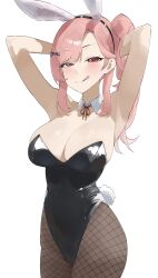 Rule 34 | 1girl, absurdres, animal ears, armpits, arms behind head, arms up, black leotard, black pantyhose, blush, breasts, byeon dha, cleavage, collar, commission, detached collar, fake animal ears, fake tail, fishnet pantyhose, fishnets, hair ornament, highres, indie virtual youtuber, large breasts, leotard, licking lips, long hair, looking at viewer, nini yuuna, nini yuuna (7th costume), pantyhose, pink hair, playboy bunny, rabbit ears, rabbit tail, red eyes, side ponytail, simple background, solo, strapless, strapless leotard, tail, tongue, tongue out, virtual youtuber, white background, white collar, x hair ornament