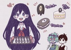 1girl 2boys baking_sheet basil_(faraway)_(omori) basil_(omori) black_eyes black_hair black_tank_top blue_overalls blush cake cake_slice closed_mouth collared_shirt colored_skin cookie expressionless flower food green_hair green_shirt head_wreath heart highres holding holding_tray inui_mamoru looking_at_another macaron mari_(headspace)_(omori) mari_(omori) multiple_boys neckerchief omori omori_(omori) open_mouth oven_mitts overalls purple_eyes purple_hair red_eyes red_neckerchief shirt short_sleeves smile something_(omori) tank_top teeth tray upper_teeth_only white_shirt white_skin