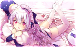 Rule 34 | 1girl, ass, bed, black dress, clothes lift, dress, dress lift, full body, kneepits, legs, legs up, long hair, looking at viewer, lying, maid, maid headdress, hugging object, on stomach, open mouth, original, panties, pillow, pillow hug, red eyes, silver hair, smile, solo, stuffed animal, stuffed toy, thighhighs, thighs, underwear, usume shirou, white panties, white thighhighs