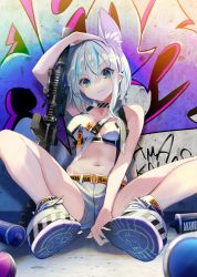 Rule 34 | 1girl, absurdres, amakawa sakko, animal ear fluff, animal ears, aqua eyes, arm up, assault rifle, bare arms, bare legs, bare shoulders, belt, between breasts, breasts, cable, choker, collarbone, crop top, ear piercing, extra ears, fox ears, gun, h&amp;k hk416, highres, long hair, looking at viewer, magazine (weapon), medium breasts, melonbooks, midriff, multicolored hair, navel, no socks, original, piercing, reclining, rifle, scope, shoes, short shorts, shorts, sleeveless, smile, sneakers, solo, spray can, stomach, strap, streaked hair, thighs, v-shaped eyebrows, watermark, weapon, white shorts