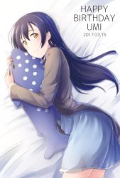 Rule 34 | 1girl, bed, bed sheet, birthday, blue hair, blush, character name, commentary request, cowboy shot, dated, happy birthday, highres, holding, long hair, long sleeves, looking at viewer, love live!, love live! school idol festival, love live! school idol project, lying, morugen, on side, pajamas, smile, solo, sonoda umi, stuffed animal, stuffed toy, whale shark, yellow eyes