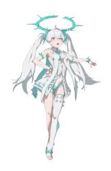 Rule 34 | 1girl, absurdres, ahoge, aqua nails, armband, armpits, asymmetrical legwear, bare arms, bracelet, breasts, collared dress, crystal, crystal hair ornament, double-parted bangs, dress, full body, green eyes, green halo, hair between eyes, halo, hand on own hip, heterochromia, highres, jewelry, long hair, luna: laurel (wispthorn) (punishing: gray raven), luna (punishing: gray raven), nail polish, nainainainainaiya, open mouth, outstretched arm, punishing: gray raven, red eyes, simple background, single bare leg, single thighhigh, skin tight, sleeveless, small breasts, solo, spiked bracelet, spiked dress, spiked halo, spikes, teeth, thigh strap, thighhighs, toeless legwear, toes, twintails, upper teeth only, white background, white dress, white hair, white thighhighs