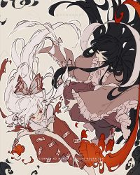 Rule 34 | 2girls, artist name, black hair, bow, burning, character name, closed eyes, commentary, covering own mouth, fujiwara no mokou, hair bow, hand over own mouth, hime cut, houraisan kaguya, japanese clothes, kawacy, kimono, long hair, multiple girls, red eyes, sleeves rolled up, smirk, torn clothes, touhou, white hair