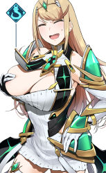 Rule 34 | 1girl, anchor symbol, areola slip, bakkanki, blonde hair, blush, breasts, chest jewel, cleavage, closed eyes, covering breasts, covering own eyes, covering privates, dress, earrings, embarrassed, false smile, grabbing, grabbing own breast, hand on own hip, highres, jewelry, large breasts, mythra (xenoblade), nintendo, open mouth, shy, smile, solo, sweat, symbol, thigh strap, wardrobe malfunction, white background, white dress, xenoblade chronicles (series), xenoblade chronicles 2
