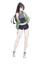 Rule 34 | 1girl, absurdres, bare shoulders, black hair, black legwear, breasts, casual, full body, green sweater, hand on leg, hand on own hip, hand on own thigh, highres, idolmaster, idolmaster shiny colors, k1np, long hair, looking at viewer, medium breasts, midriff, off shoulder, open clothes, ponytail, shirase sakuya, shirt, shoes, short shorts, shorts, simple background, sneakers, solo, standing, sweater, tank top, white background, yellow eyes