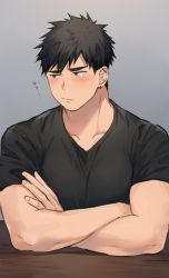 Rule 34 | 1boy, bara, black hair, black shirt, blush, collarbone, crossed arms, earrings, hao (haozz), highres, jewelry, kurokawa keita (haozz), looking to the side, male focus, muscular, original, pectoral focus, pectoral press, pectorals, pout, shirt, short hair, solo, table, taut clothes, taut shirt, tearing up, translation request, undercut, upper body