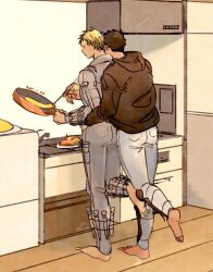 Rule 34 | 2boys, aikawa (dorohedoro), colored tips, cooking, couple, denim, dorohedoro, facial mark, food, from behind, frying pan, full body, greyscale, head on another&#039;s shoulder, highres, holding, holding frying pan, hug, hug from behind, jeans, kitchen, male focus, medium sideburns, monochrome, multicolored hair, multiple boys, nishida (pixiv 50671594), no eyebrows, omelet, pants, risu (dorohedoro), thick eyebrows, yaoi