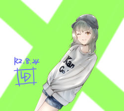 Rule 34 | 1girl, alternate costume, artist logo, baseball cap, black hat, blunt bangs, brown eyes, casual, clothes writing, commentary request, dated, denim, denim shorts, green hair, grey sweater, hat, highres, kantai collection, ld (luna dial398), long sleeves, one-hour drawing challenge, shorts, solo, sweater, two-tone background, yuubari (kancolle)