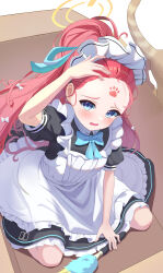 Rule 34 | 1girl, absurdres, apron, arm up, black dress, blue archive, blue ribbon, blush, box, cardboard box, commentary request, dress, halo, highres, long hair, looking at viewer, maid apron, maid headdress, neck ribbon, official alternate costume, open mouth, pink hair, ponytail, puffy short sleeves, puffy sleeves, ribbon, short sleeves, sitting, solo, su2ro, tearing up, wariza, white apron, yellow halo, yuzu (blue archive), yuzu (maid) (blue archive)