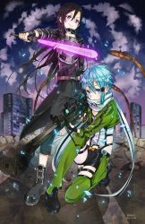 Rule 34 | 10s, 1boy, 1girl, 2014, absurdres, androgynous, bad id, bad pixiv id, beam saber, black hair, black shorts, blue eyes, blue hair, bomhat, dated, green eyes, gun, hair ornament, hairclip, highres, holding, holding gun, holding sword, holding weapon, kirito, kirito (sao-ggo), long hair, outdoors, purple eyes, riffle, rifle, scarf, scope, short hair, short shorts, shorts, sinon, sky, smile, star (sky), starry sky, sword, sword art online, trap, weapon, white scarf
