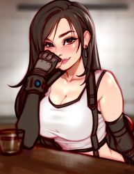 Rule 34 | 1girl, artist name, black hair, blush, blushyspicy, breasts, crop top, cup, dangle earrings, drinking glass, earrings, elbow pads, final fantasy, final fantasy vii, final fantasy vii remake, fingerless gloves, gloves, jewelry, large breasts, long hair, looking at viewer, red eyes, shot glass, signature, sitting, smile, solo, square enix, suspenders, tank top, tifa lockhart, undershirt, white tank top