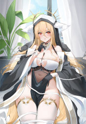 Rule 34 | 1girl, :q, azur lane, bare shoulders, between breasts, black gloves, blonde hair, breast cutout, breasts, covered navel, fake horns, gloves, habit, hair between eyes, half gloves, highres, horns, implacable (azur lane), indoors, large breasts, long hair, looking at viewer, nun, pelvic curtain, plant, potted plant, qing wu, red eyes, revealing clothes, sitting, solo, thighhighs, tongue, tongue out, very long hair, white horns, white thighhighs