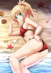 Rule 34 | adjusting clothes, adjusting swimsuit, beach, bikini, blonde hair, blush, braid, breasts, commentary, day, fate/apocrypha, fate (series), green eyes, grin, hair between eyes, hair ribbon, highres, kazenokaze, looking at viewer, lying, medium breasts, mordred (fate), mordred (fate/apocrypha), mordred (swimsuit rider) (first ascension) (fate), ocean, on side, outdoors, ponytail, red bikini, ribbon, sideboob, smile, solo, string bikini, swimsuit, water, wet