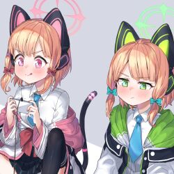 Rule 34 | 2girls, animal ear headphones, blue archive, cat ear headphones, cat tail, controller, dorymin, fake animal ears, game controller, gamepad, grey background, headphones, midori (blue archive), momoi (blue archive), multiple girls, off shoulder, playing games, school uniform, short hair, sitting, tail, upper body