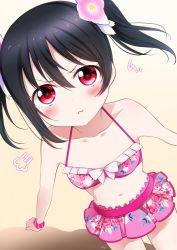 Rule 34 | 1girl, bikini, bikini skirt, black hair, blush, closed mouth, collarbone, flat chest, floral print, from above, hair between eyes, highres, long hair, looking at viewer, love live!, love live! school idol project, navel, pink bikini, pout, red eyes, solo, standing, swimsuit, twintails, yazawa nico, zero-theme