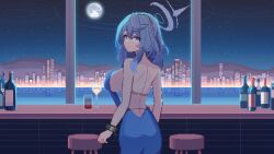 Rule 34 | 1girl, ako (blue archive), ako (dress) (blue archive), ass, backless dress, backless outfit, blue archive, blue dress, blue eyes, blue hair, blue halo, blush, bottle, breasts, building, chair, closed mouth, cuffs, cup, dress, from behind, halo, handcuffs, highres, large breasts, long hair, looking at viewer, official alternate costume, pixel art, sideboob, sleeveless, sleeveless dress, solo, tinia etru