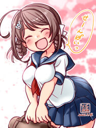 Rule 34 | 1girl, alternate costume, artist logo, bag, between breasts, blue sailor collar, blue skirt, braid, braided hair rings, breasts, brown hair, chougei (kancolle), closed eyes, commentary request, cowboy shot, dated, hair ornament, hair rings, hairclip, kantai collection, kutone shirika, large breasts, long hair, neckerchief, pleated skirt, red neckerchief, sailor collar, school bag, short sleeves, skirt, smile, solo, twin braids