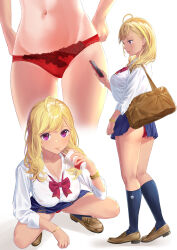 Rule 34 | 1girl, accidental exposure, ahoge, ass, bag, blonde hair, blue skirt, blue socks, bow, bowtie, bra, bracelet, breasts, brown footwear, cellphone, close-up, collared shirt, cup, disposable cup, dress shirt, drink, drinking, drinking straw, floral print, gyaru, highres, holding, holding cup, jewelry, kneehighs, kshiwasu 12, large breasts, loafers, long hair, long sleeves, looking at phone, looking at viewer, loose bowtie, miniskirt, multiple views, navel, nijisanji, panties, phone, pleated skirt, purple eyes, red bow, red bowtie, red bra, red panties, ribbed legwear, school bag, school uniform, see-through, shirt, shoes, skirt, sleeves rolled up, smartphone, socks, spread legs, squatting, standing, stomach, swept bangs, takamiya rion, takamiya rion (7th costume), thighs, underwear, virtual youtuber, white shirt, wing collar