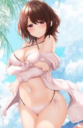 Rule 34 | 1girl, arm under breasts, arms under breasts, bare shoulders, bikini, blue sky, blush, breast hold, breasts, brown eyes, brown hair, cleavage, closed mouth, cloud, collarbone, cowboy shot, criss-cross halter, day, front-tie top, hair ornament, hairclip, halterneck, highres, jacket, long sleeves, looking at viewer, medium breasts, medium hair, minato ojitan, mole, mole on breast, multi-strapped bikini, navel, off shoulder, open clothes, open hacket, open shirt, original, outdoors, pink bikini, pink shirt, raised eyebrows, shirt, short hair, side-tie bikini bottom, skindentation, sky, solo, standing, stomach, string bikini, swept bangs, swimsuit, water drop, wet, wet hair, white jacket, x hair ornament