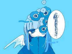 Rule 34 | 1girl, :|, anemone (flower), blue background, blue flower, blue hair, blue jacket, blunt bangs, closed mouth, expressionless, flower, highres, jacket, jitome, long bangs, long hair, looking at viewer, mini wings, one eye covered, original, sidelocks, simple background, solo, speech bubble, sskitaco, straight hair, upper body, white wings, wings, zipper