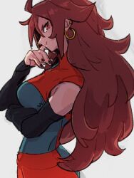 Rule 34 | 1girl, android 21, black nails, black sleeves, breasts, brown hair, checkered clothes, checkered dress, closed mouth, detached sleeves, dragon ball, dragon ball fighterz, dress, earrings, grey background, hoop earrings, jewelry, kemachiku, large breasts, long hair, medium breasts, red eyes, sideways glance, simple background, smile, solo, upper body
