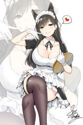 Rule 34 | 1girl, animal ear fluff, animal ears, atago (azur lane), azur lane, black hair, breasts, brown eyes, cleavage, collarbone, commentary, crossed legs, detached collar, feet out of frame, gloves, hand up, heart, highres, holding, holding tray, large breasts, long hair, maid, maid headdress, parted lips, photo-referenced, short sleeves, signature, simple background, sitting, sky-freedom, smile, solo, spoken heart, thighhighs, tray, white background, white gloves, zoom layer