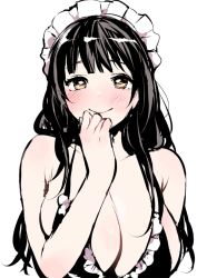 Rule 34 | 1girl, bare arms, bare shoulders, bikini, black bikini, black hair, blush, breasts, cleavage, closed mouth, frilled bikini, frills, hand up, large breasts, long hair, looking at viewer, maid headdress, original, simple background, smile, solo, swimsuit, uekan, upper body, white background, yellow eyes