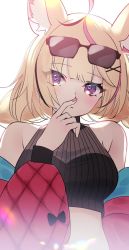 Rule 34 | 1girl, animal ear fluff, animal ears, bare shoulders, black shirt, blonde hair, blush, braid, breasts, closed mouth, crop top, eyewear on head, fox ears, heart, heart-shaped pupils, highres, hololive, jacket, large breasts, light blush, long hair, long sleeves, looking at viewer, midriff, multicolored hair, off shoulder, omaru polka, propeller, purple eyes, ribbed shirt, shirt, simple background, sleeveless, sleeveless shirt, solo, streaked hair, sunglasses, symbol-shaped pupils, turtleneck, twin braids, upper body, virtual youtuber, white background, yuuppi