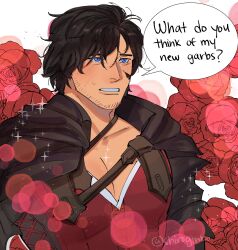 Rule 34 | 1boy, absurdres, beard stubble, black cape, black hair, blue eyes, cape, clive rosfield, facial hair, facial scar, final fantasy, final fantasy xvi, flower, highres, large pectorals, male focus, pectoral cleavage, pectorals, red shirt, rose, scar, scar on cheek, scar on face, shiroginko, shirt, short hair, solo, sparkle, sparkle background, speech bubble, stubble, upper body
