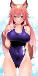 Rule 34 | 1girl, animal ear fluff, animal ears, bare shoulders, blush, breasts, cleavage, collarbone, competition swimsuit, covered navel, fate/extra, fate (series), fox ears, fox girl, fox tail, hair between eyes, highleg, highleg swimsuit, highres, large breasts, long hair, looking at viewer, one-piece swimsuit, pink hair, sabi (rupf2384), sidelocks, solo, swimsuit, tail, tamamo (fate), tamamo no mae (fate/extra), thighs, yellow eyes