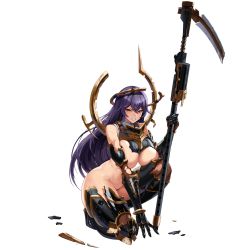 Rule 34 | 1girl, ass, boots, breasts, elbow gloves, full body, game cg, gloves, hair between eyes, highres, holding, holding scythe, holding weapon, large breasts, last origin, looking at viewer, looking back, official art, one (dnjsaos86), purple hair, red eyes, revealing clothes, scythe, solo, tachi-e, thigh boots, thighhighs, torn clothes, transparent background, veronica type-asc, weapon