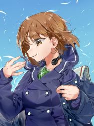 Rule 34 | 10s, 1girl, blue background, blue coat, blue jacket, brown eyes, brown hair, closed mouth, coat, feathers, girls und panzer, jacket, long sleeves, looking to the side, nishizumi miho, ooarai military uniform, ooarai school uniform, sailor collar, school uniform, short hair, smile, solo, standing, throat microphone, upper body, veerinly, wind, winter uniform