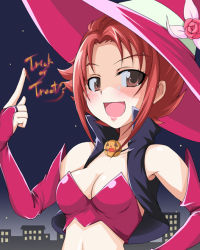 Rule 34 | 00s, 1girl, :d, alternate costume, breasts, bridal gauntlets, brown eyes, flower, halloween, happy, hat, jack-o&#039;-lantern, matsushima kei, midriff, natsuki rin, night, open mouth, pink rose, precure, pumpkin, red hair, rose, short hair, smile, solo, trick or treat, witch hat, yes! precure 5