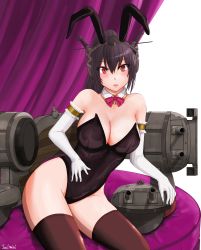 Rule 34 | 1girl, absurdres, alternate costume, alternate hairstyle, animal ears, black hair, black thighhighs, cannon, commentary request, cowboy shot, curtains, detached collar, elbow gloves, fake animal ears, gloves, headgear, highres, jouzaburou (joe3), kantai collection, leotard, long hair, looking at viewer, machinery, nagato (kancolle), neck ribbon, pink ribbon, playboy bunny, ponytail, rabbit ears, red eyes, ribbon, sitting, solo, thighhighs, white gloves