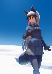 Rule 34 | 10s, 1girl, :o, animal ears, arm at side, black bow, black gloves, black hair, black neckwear, black pantyhose, black skirt, blue jacket, blue sky, bow, bowtie, breasts, buttons, commentary request, cowboy shot, day, dress shirt, emoshon, emoto reishi, eyelashes, fox ears, fox tail, fur-trimmed sleeves, fur trim, gloves, gradient hair, grey skirt, hair between eyes, hand up, highres, jacket, kemono friends, legs together, long hair, long sleeves, looking away, miniskirt, multicolored hair, necktie, open mouth, orange eyes, outdoors, pantyhose, pleated skirt, pocket, purple shirt, shirt, silver fox (kemono friends), silver hair, skirt, sky, smile, snow, solo, standing, tail, two-tone hair
