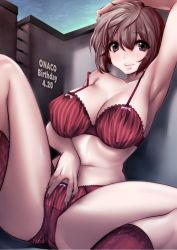Rule 34 | 1girl, against wall, arm behind head, arm up, armpits, birthday, bow, bow bra, bow panties, bra, character name, closed mouth, commentary, crotch seam, dated, english text, highres, lace, lace-trimmed bra, lace-trimmed panties, lace trim, leaning back, lips, looking at viewer, nail polish, navel, original, panties, red bra, red nails, red panties, red socks, short hair, sitting, smile, socks, solo, souryu, strap slip, underwear, underwear only