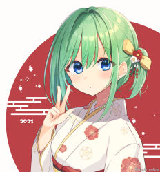 Rule 34 | 1girl, 2021, blue eyes, blush, bow, closed mouth, commentary request, egasumi, floral print, flower, green hair, hair between eyes, hair bow, hair flower, hair intakes, hair ornament, hand up, highres, japanese clothes, kimono, long sleeves, looking at viewer, obi, original, ponytail, print kimono, red background, red flower, sash, shirai tanuki, sidelocks, solo, takeda emi, two-tone background, upper body, w, white background, white flower, white kimono, wide sleeves, yellow bow