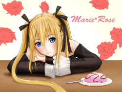 Rule 34 | 1girl, bare shoulders, blonde hair, blue eyes, cake, character name, head rest, dead or alive, dead or alive 5, detached sleeves, food, hair ribbon, imama, long hair, looking at viewer, marie rose, ribbon, smile, solo, twintails